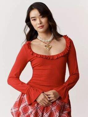 Anthropologie Maeve Long-Sleeve Scoop-Neck Ruched Top Red Size Small NWT $68